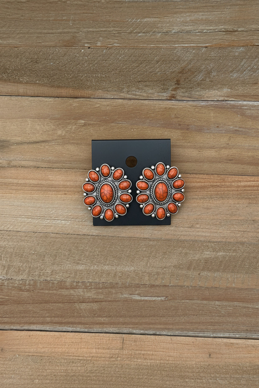Silver and orange floral earrings