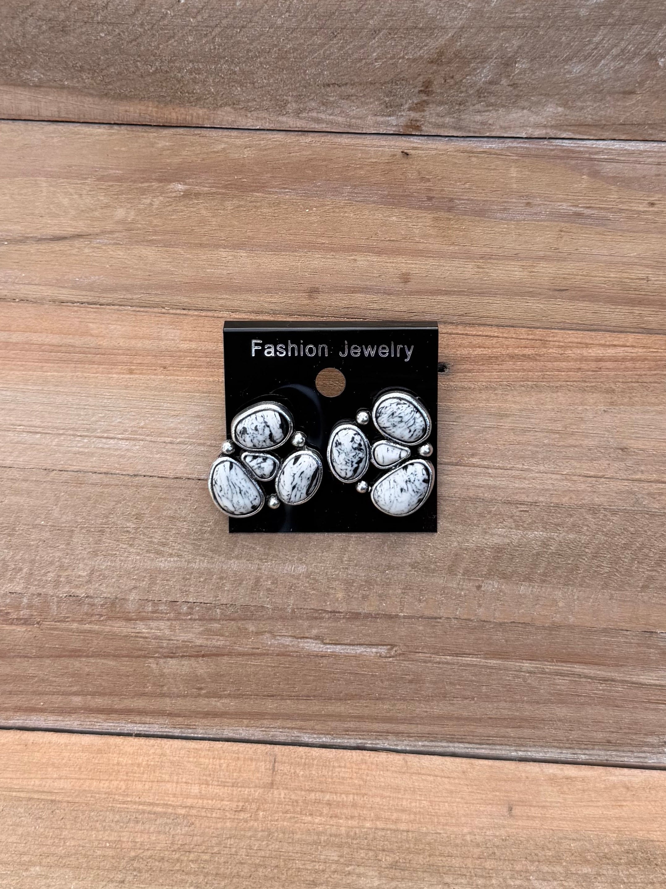 Black white and silver cluster earrings