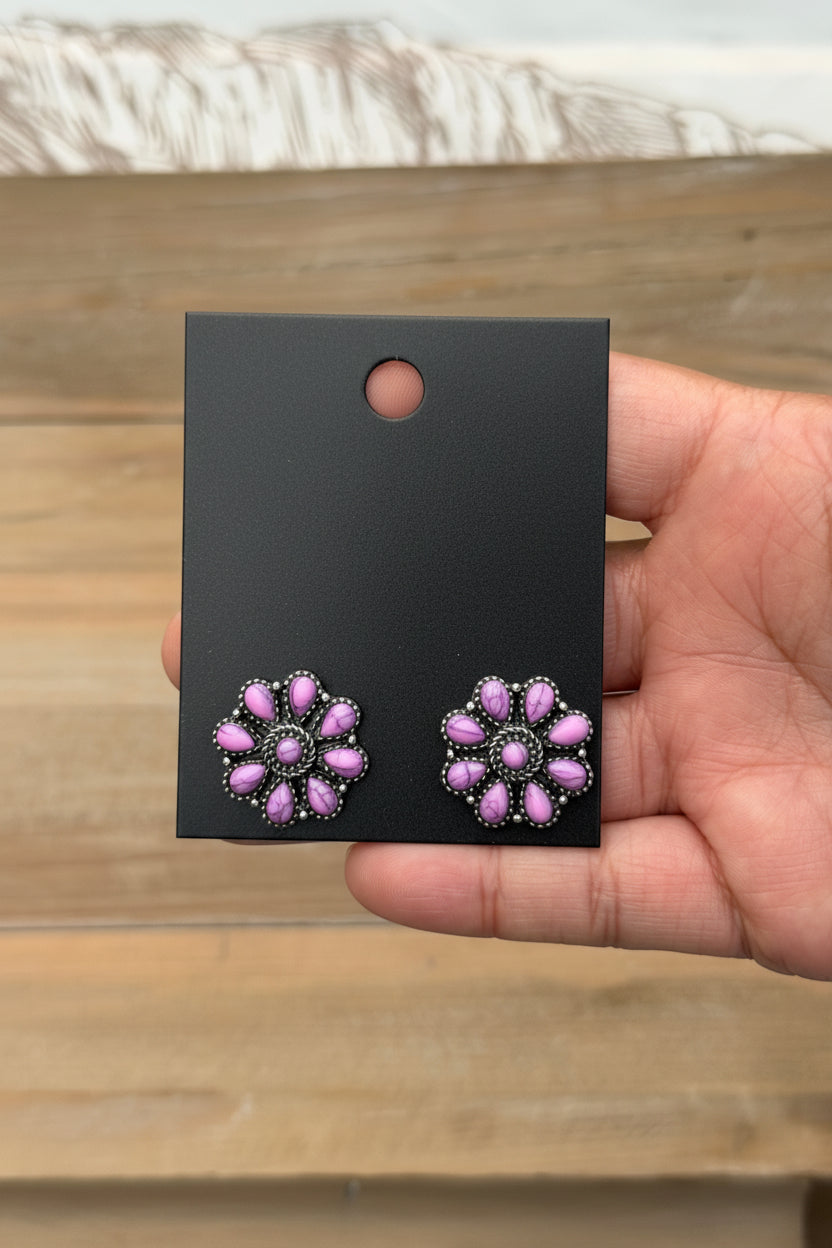 Pink and silver floral concho earrings