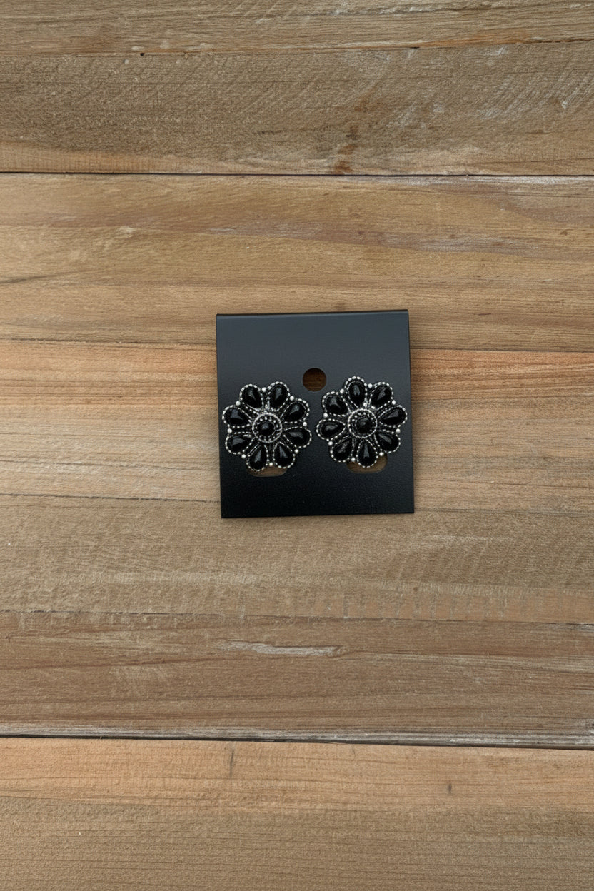Black and silver floral concho earrings