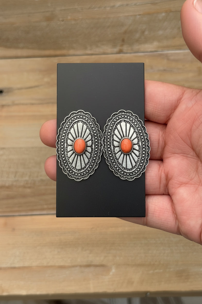 Silver and orange oval earrings