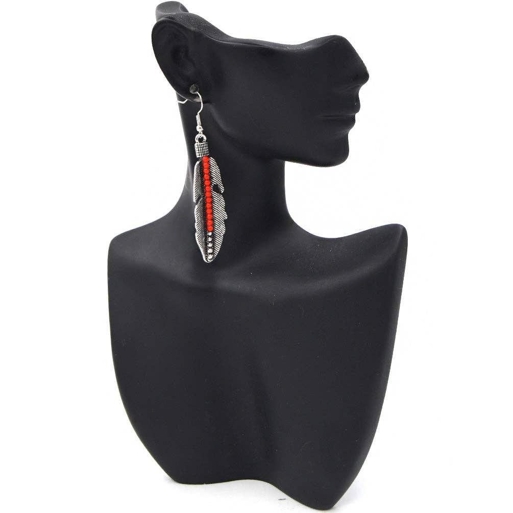 Silver and red beaded feather earrings