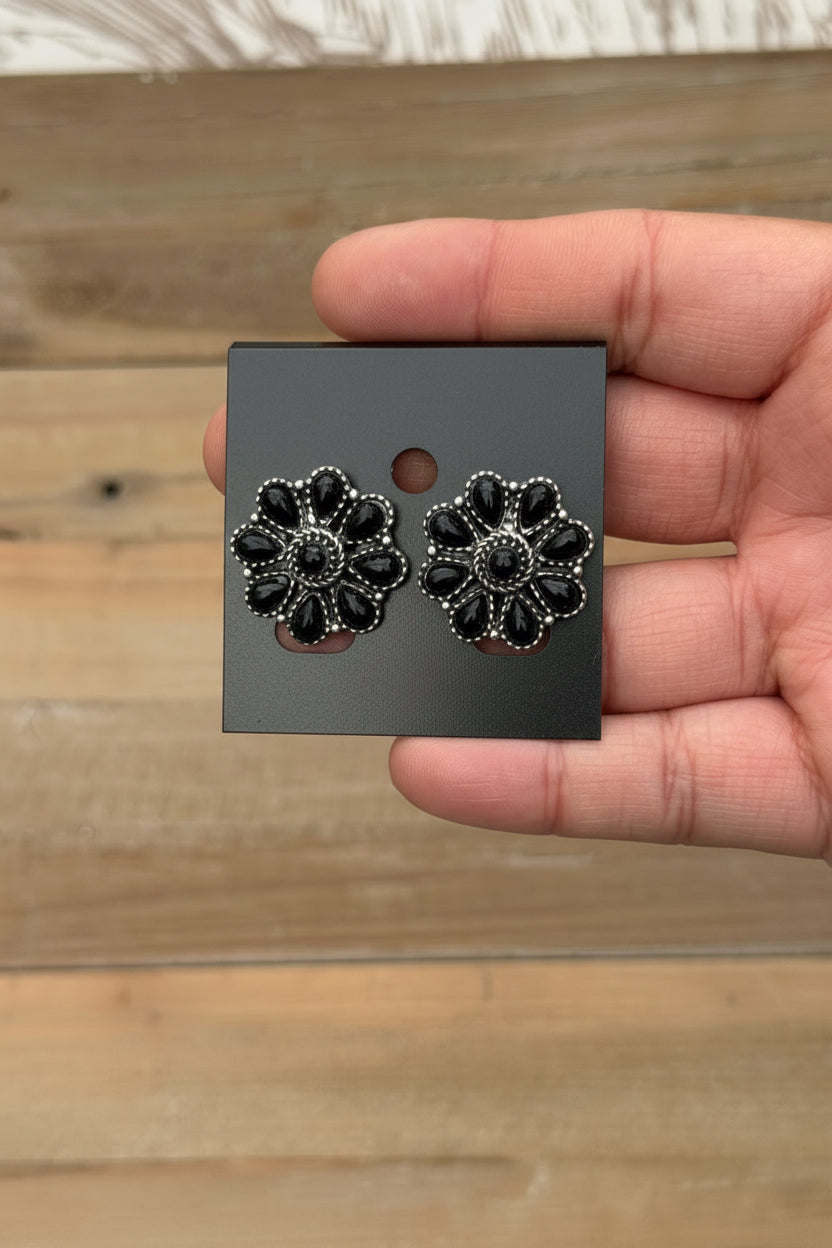 Black and silver floral concho earrings