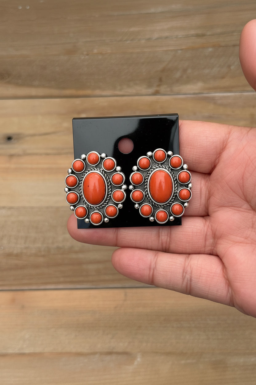 Silver and orange floral earrings