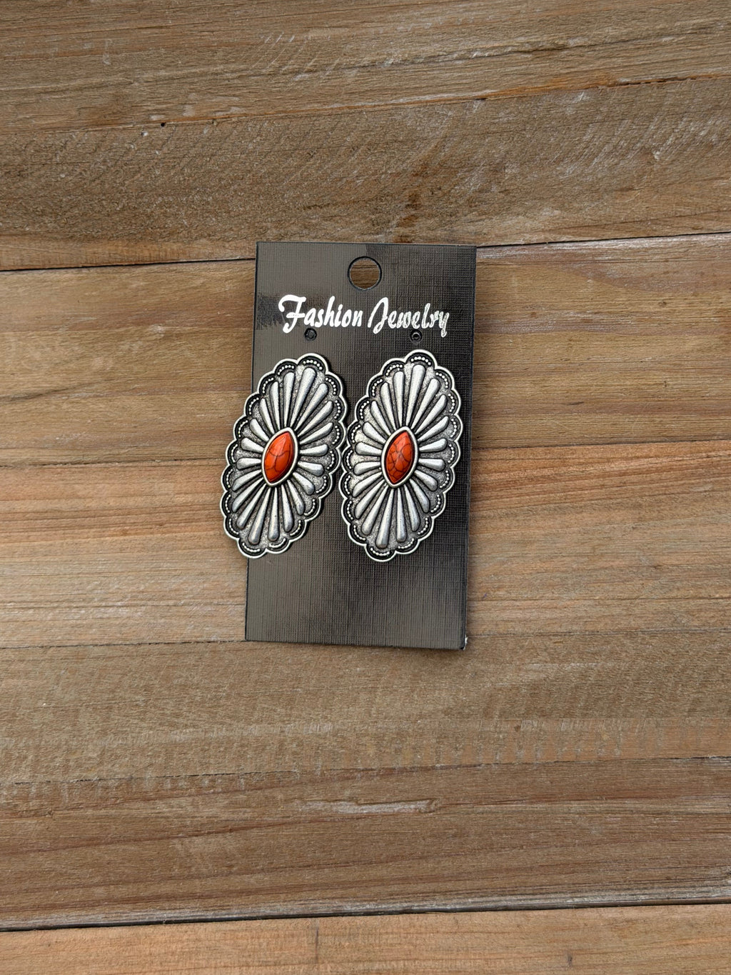 Silver and orange oval earrings
