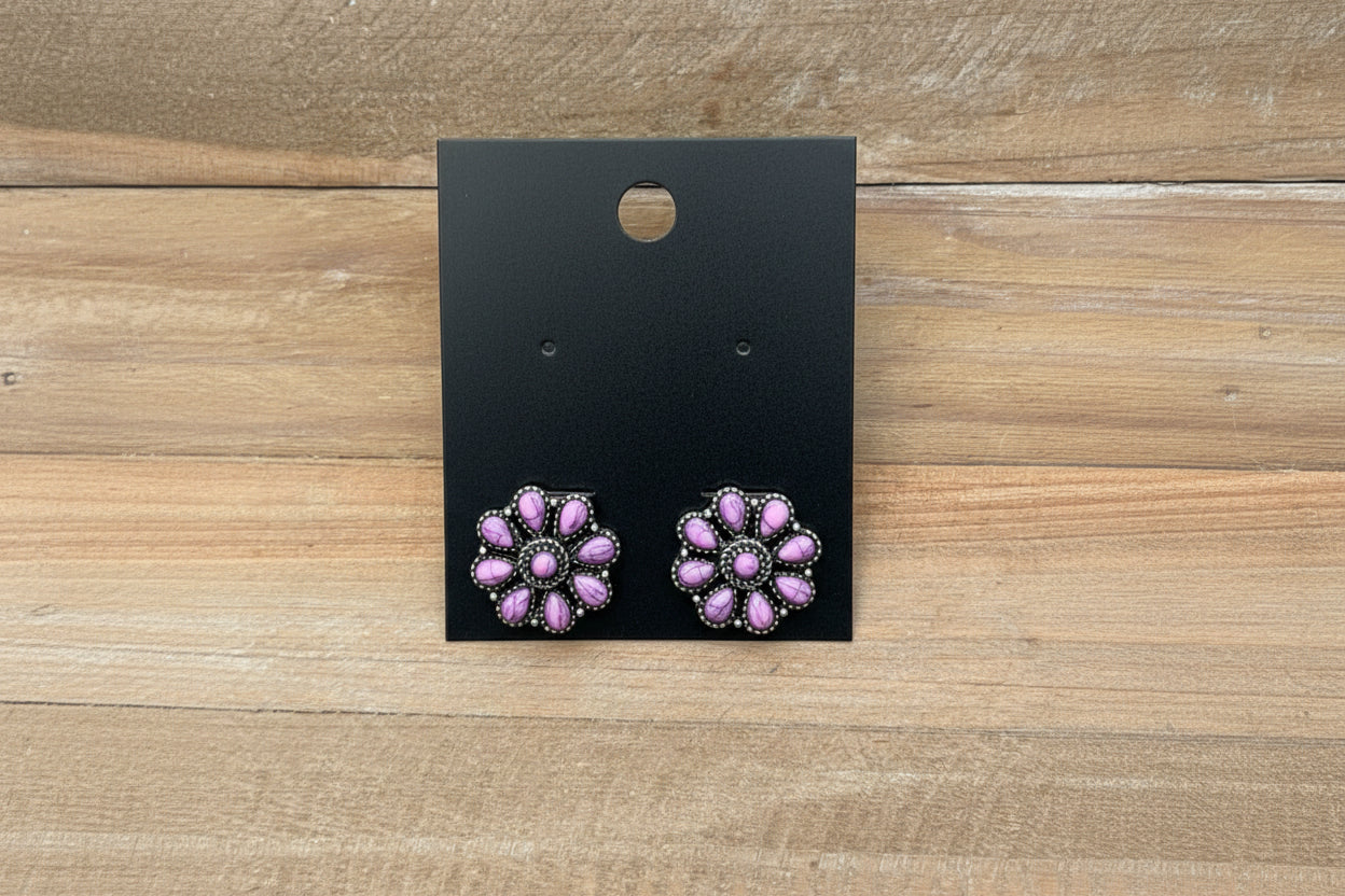 Pink and silver floral concho earrings