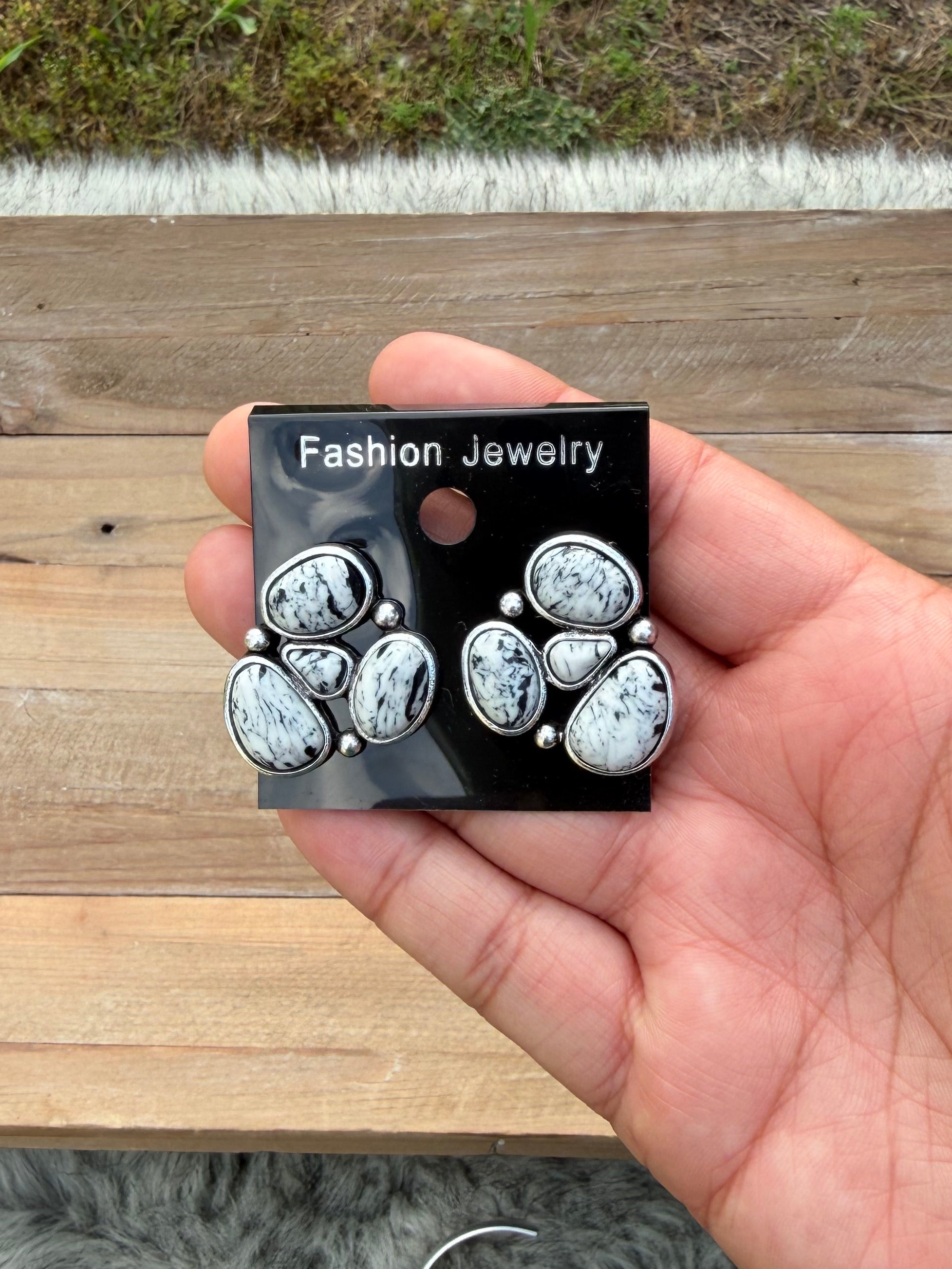 Black white and silver cluster earrings